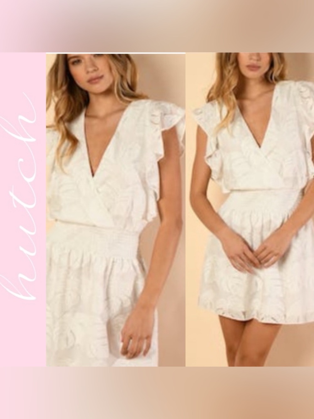 HUTCH Zelle White Monstera Leaf Ruffle Sleeve Mini Dress